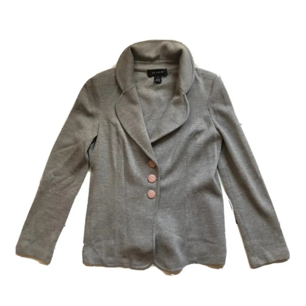 Vintage St. John Jacket Blazer Coat Womens Size 4 Gray Knit Stretch Sport Suit